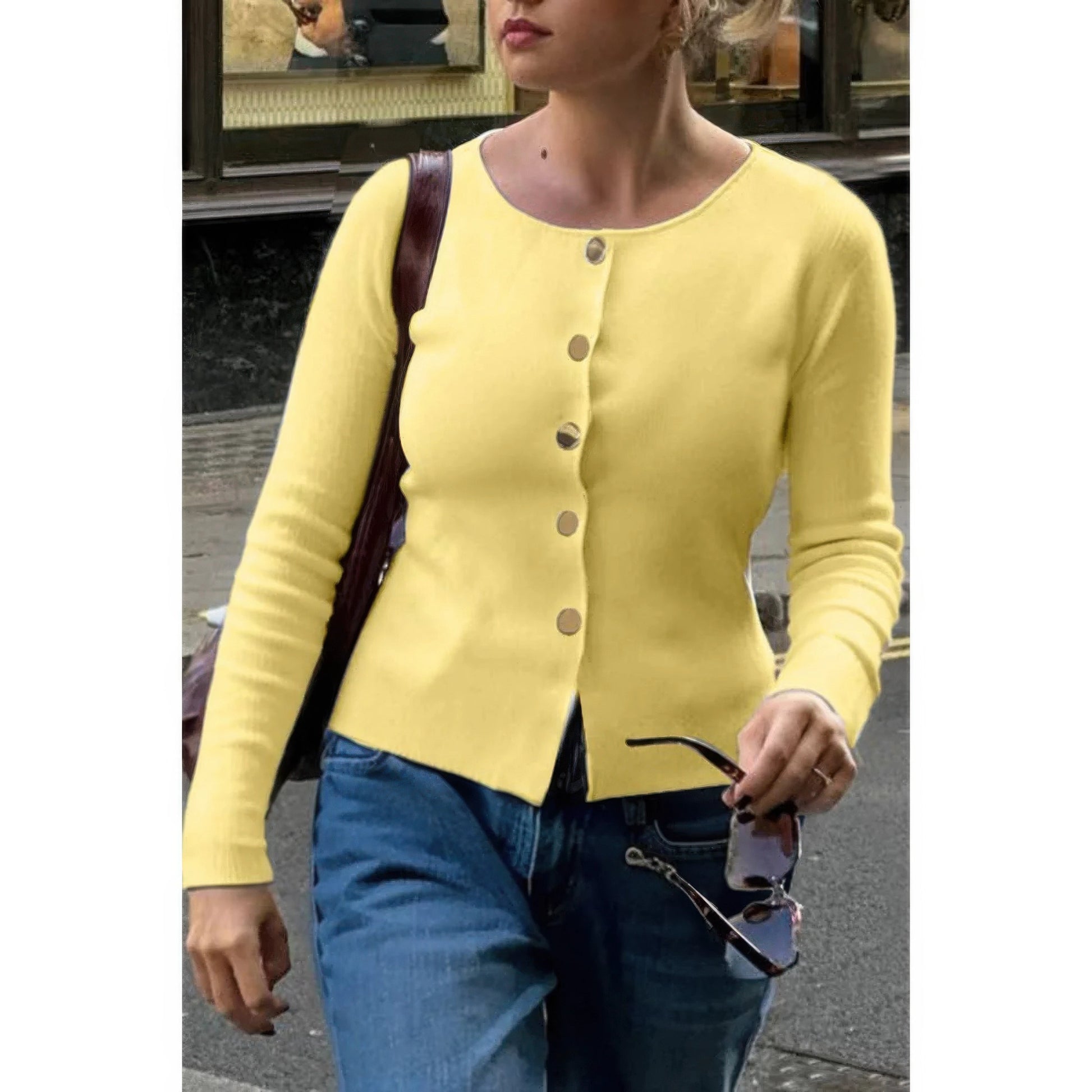 Knit Round Neck Button Up Long Sleeves Sweater