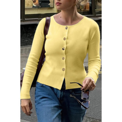 Knit Round Neck Button Up Long Sleeves Sweater