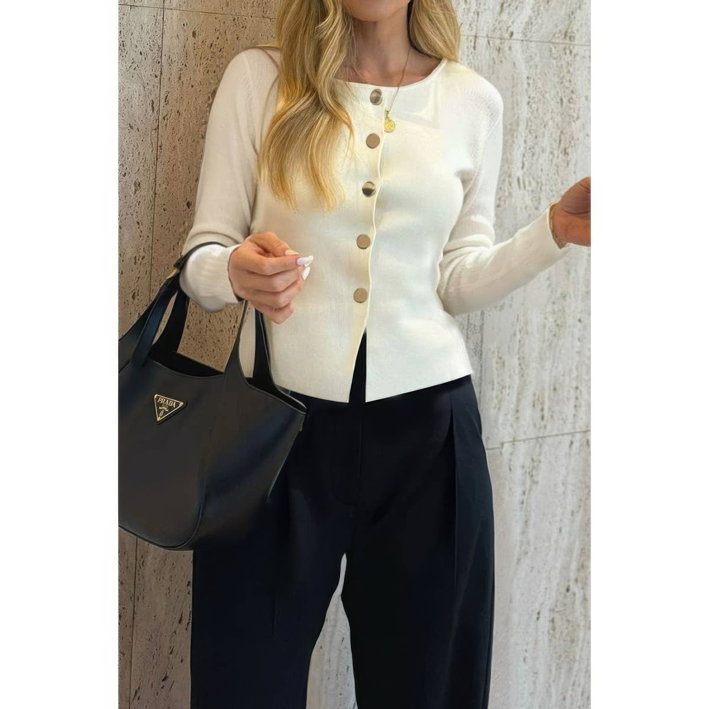 Knit Round Neck Button Up Long Sleeves Sweater