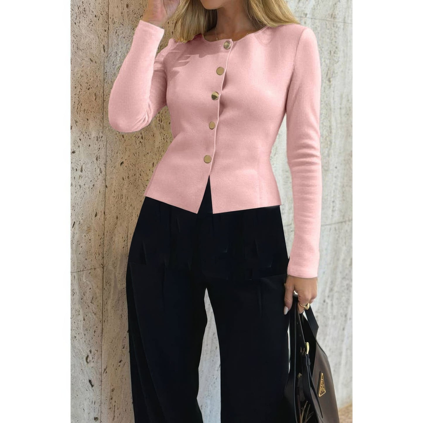 Knit Round Neck Button Up Long Sleeves Sweater