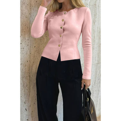 Knit Round Neck Button Up Long Sleeves Sweater