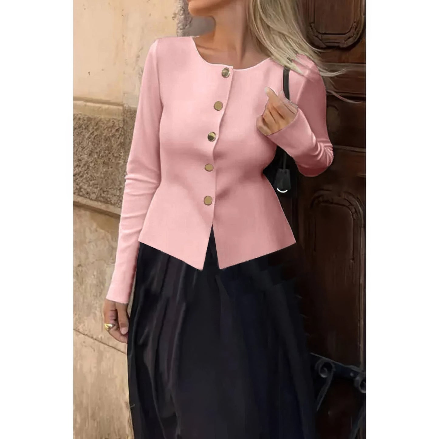 Knit Round Neck Button Up Long Sleeves Sweater