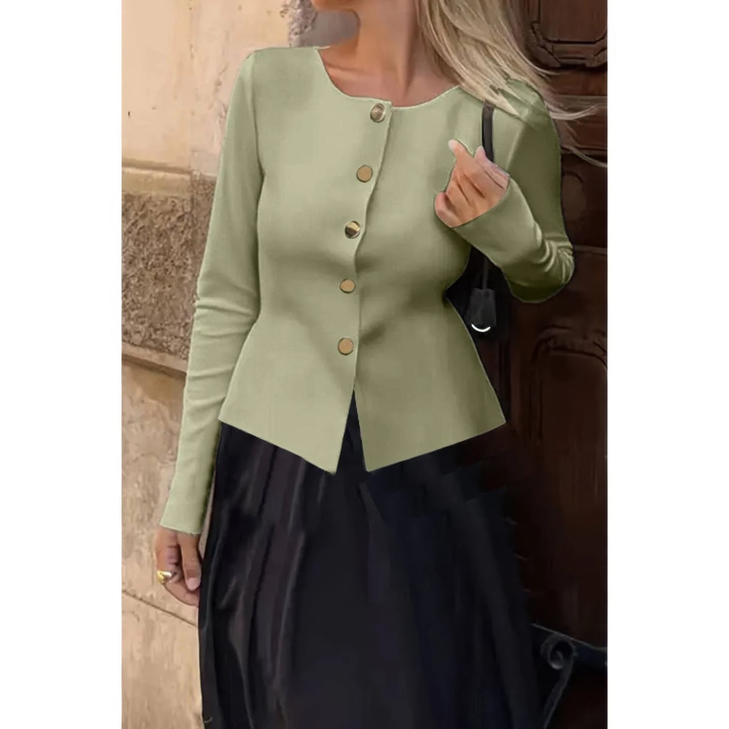 Knit Round Neck Button Up Long Sleeves Sweater