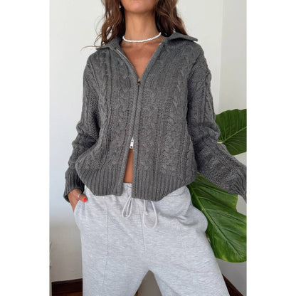 Solid Cable Knit Drop Shoulder Zipper Cardigan