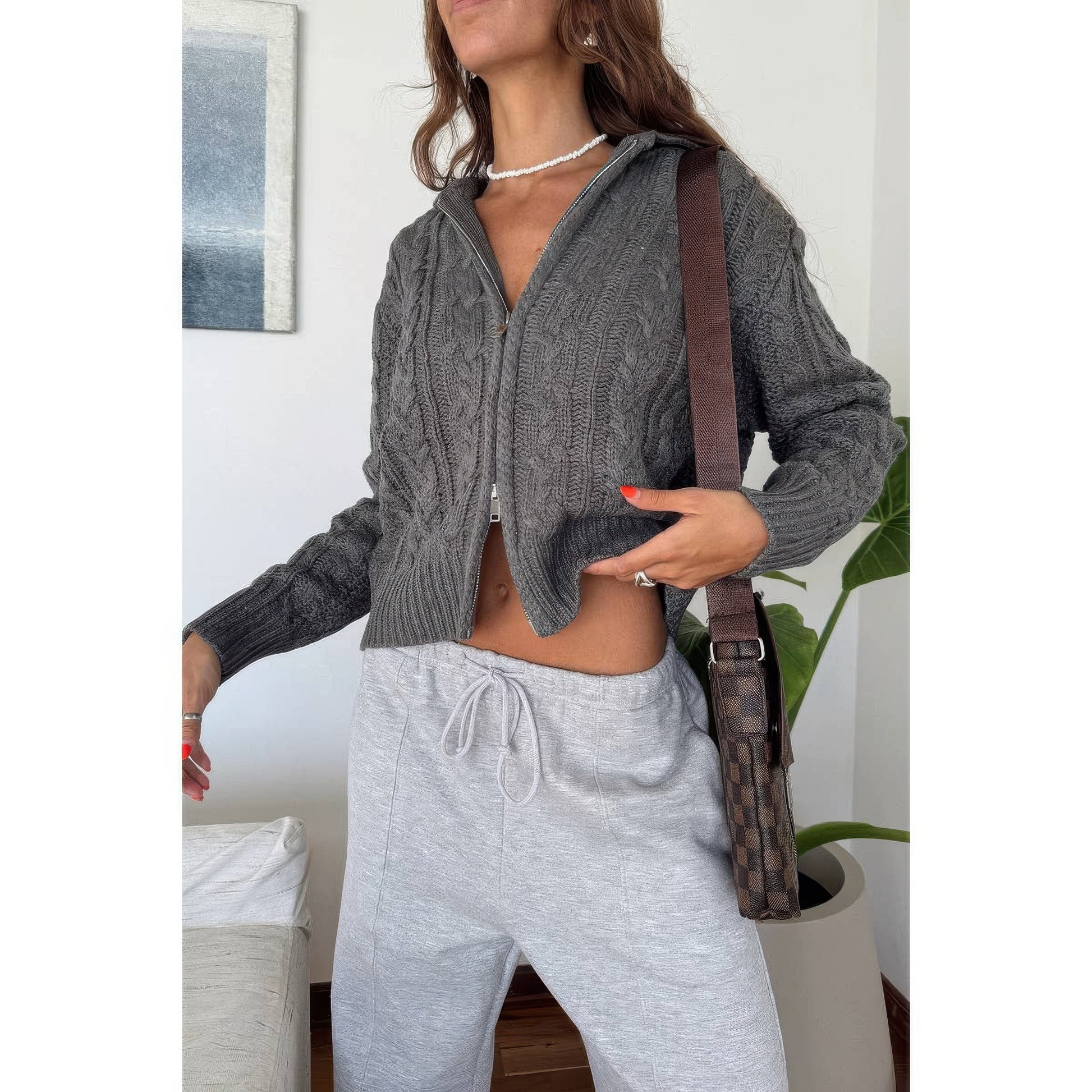Solid Cable Knit Drop Shoulder Zipper Cardigan