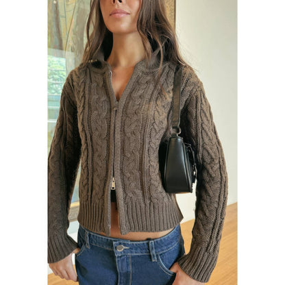 Solid Cable Knit Drop Shoulder Zipper Cardigan