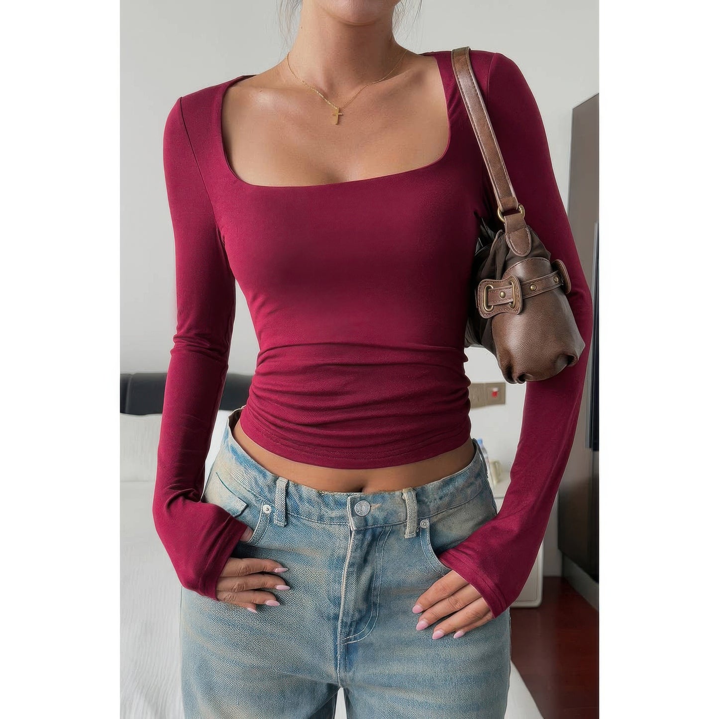 Solid Square Neck Long Sleeve Crop Top