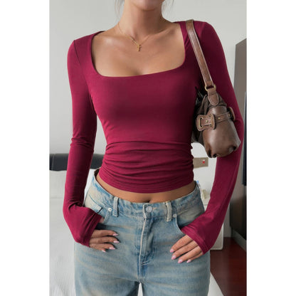 Solid Square Neck Long Sleeve Crop Top
