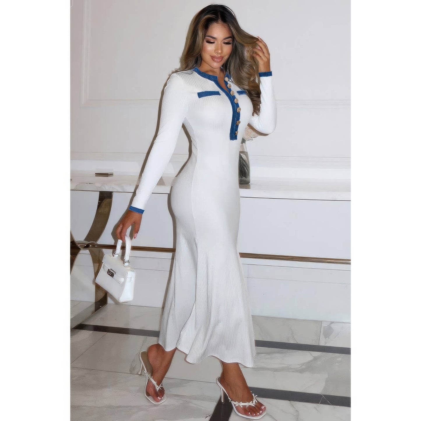 Contrast Trim Round Neck Long Sleeve Fit Dress