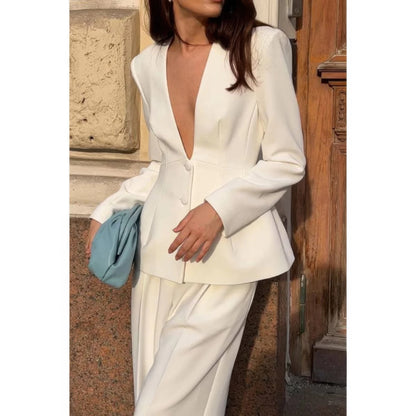 Solid Long Sleeve V Neck Button Fit Blazer
