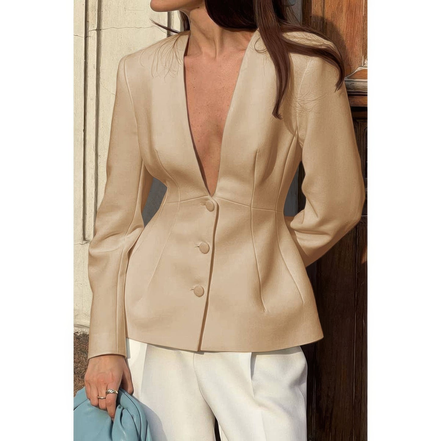 Solid Long Sleeve V Neck Button Fit Blazer