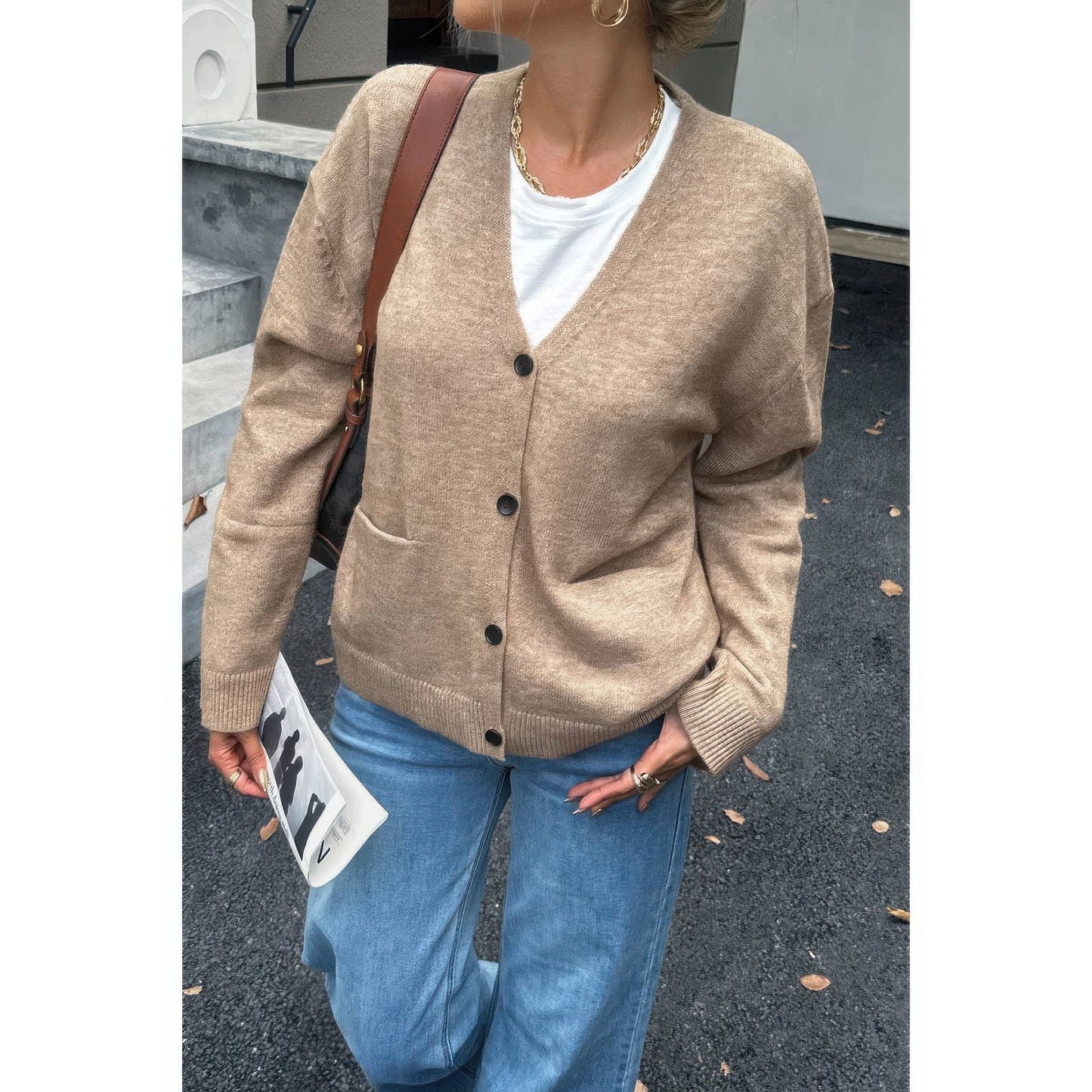 Knit Solid V Neck Button Pockets Sweater