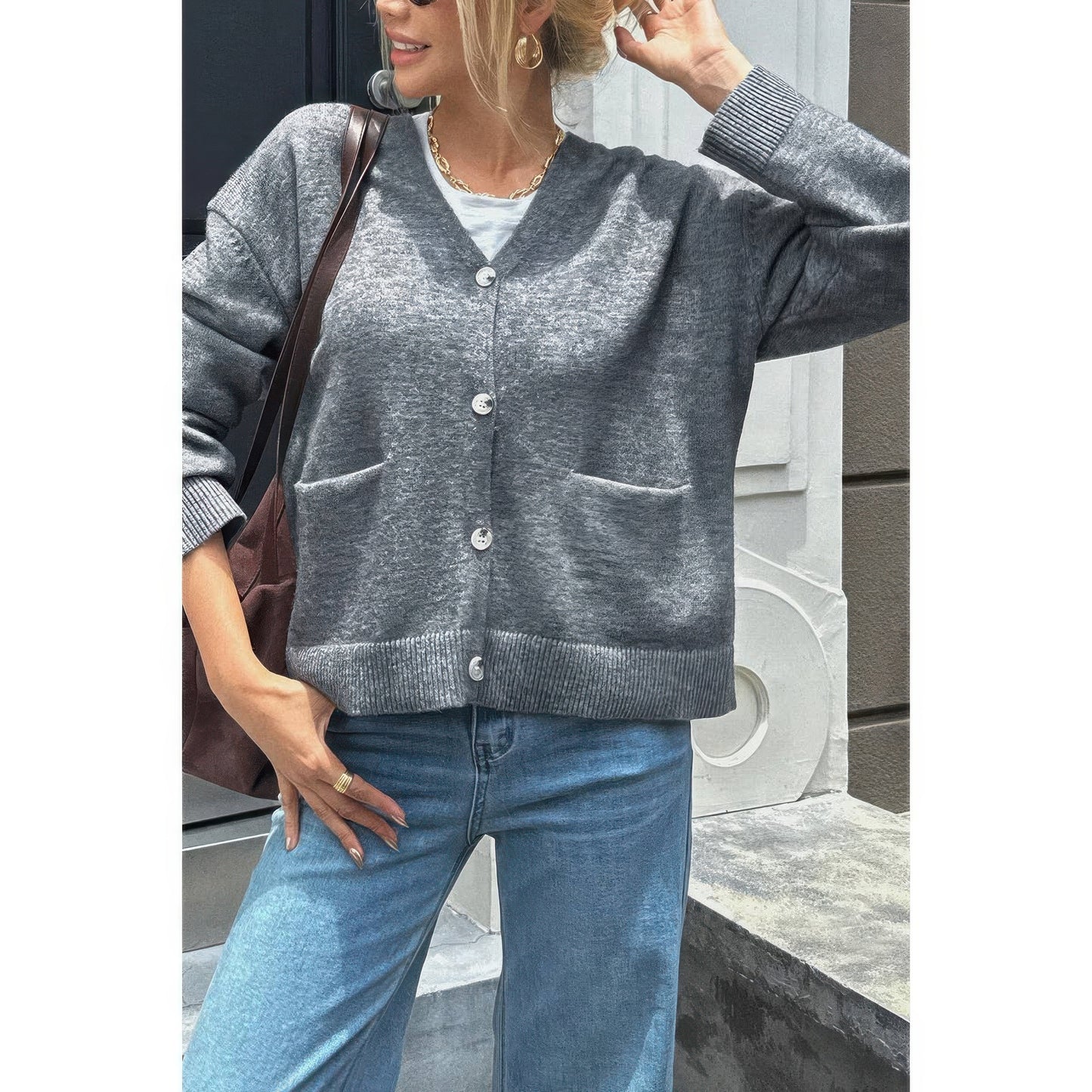 Knit Solid V Neck Button Pockets Sweater