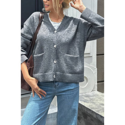 Knit Solid V Neck Button Pockets Sweater