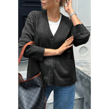 Knit Solid V Neck Button Pockets Sweater