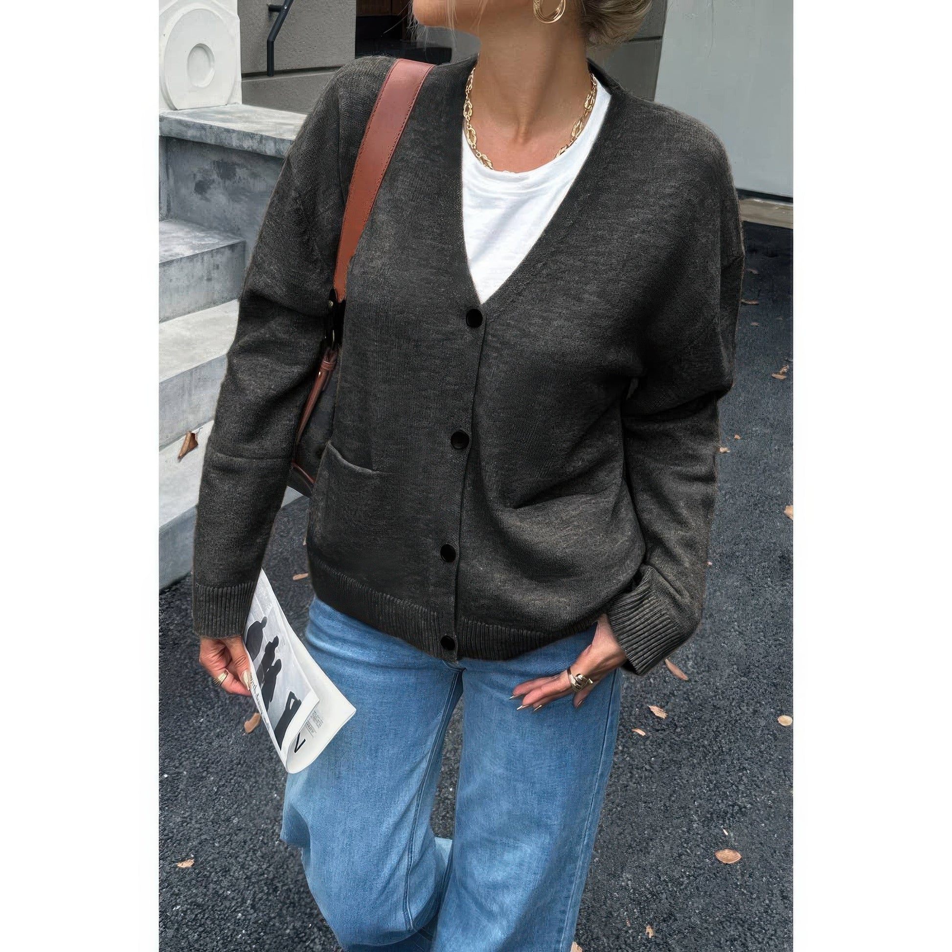 Knit Solid V Neck Button Pockets Sweater