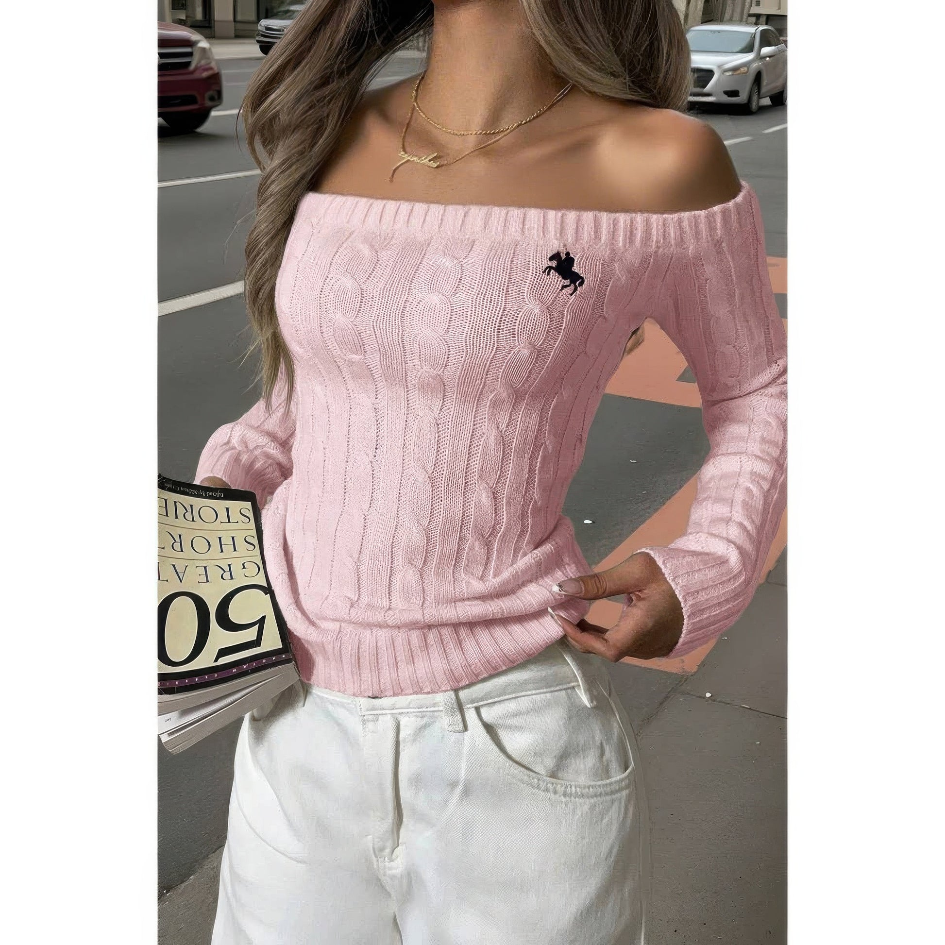 Off Shoulder Cable Knit Solid Long Sleeves Sweater