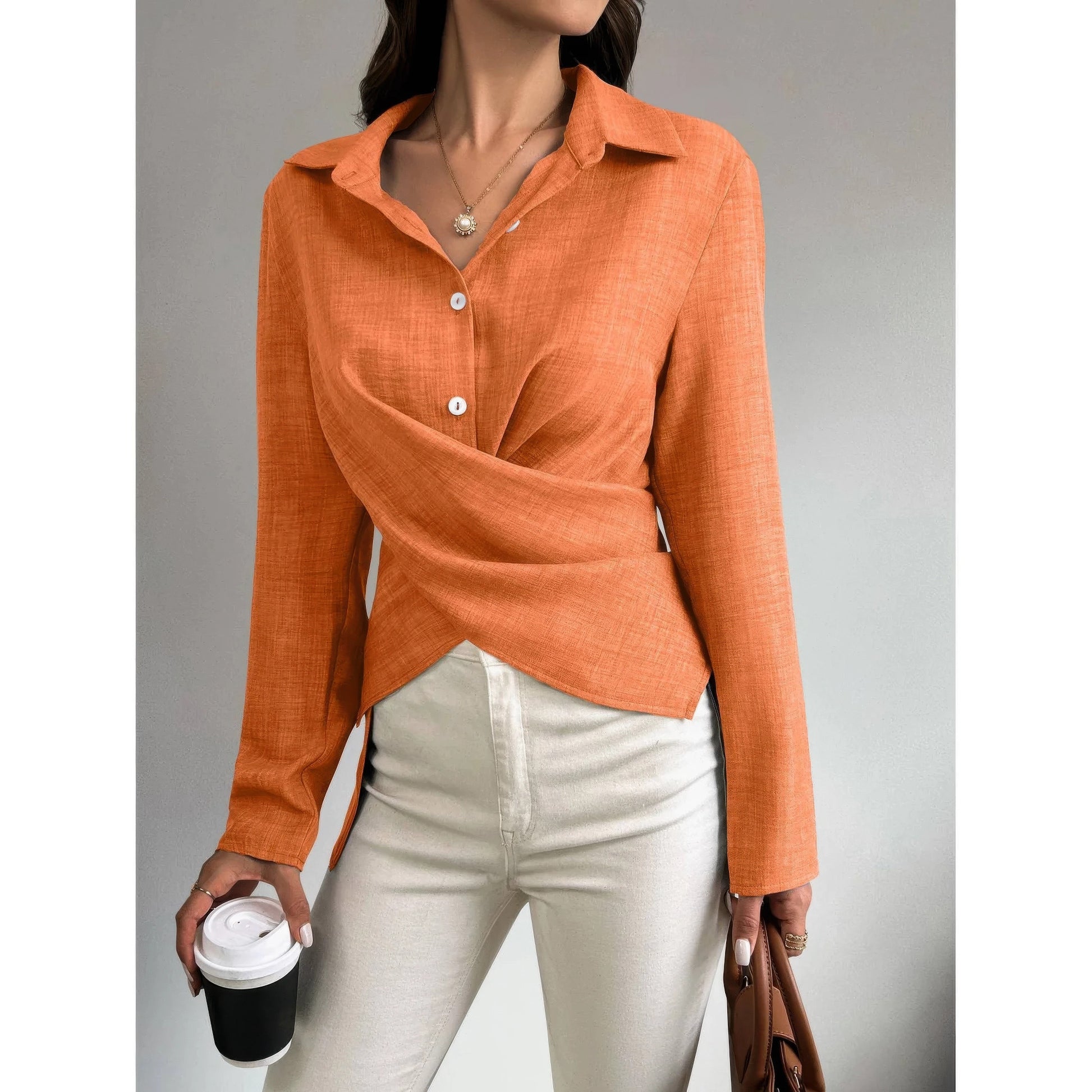 Solid Crossed Button Long Sleeve Blouse