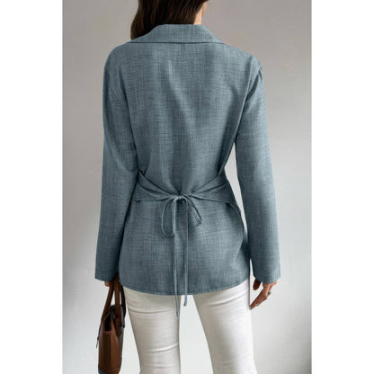 Solid Crossed Button Long Sleeve Blouse