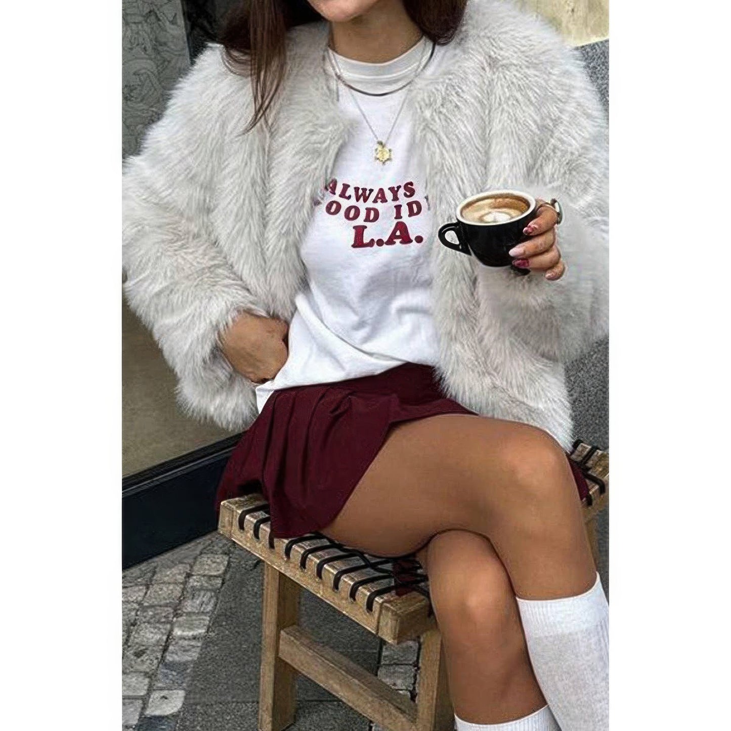 Solid Round Neck Lomh Sleeves Fluffy Jacket