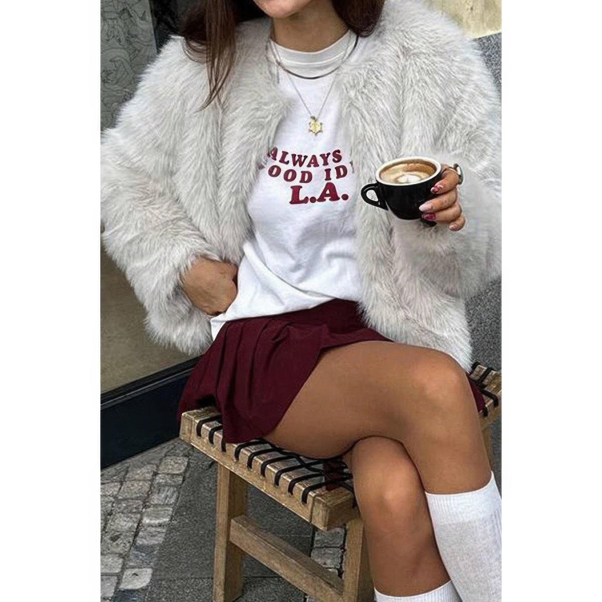 Solid Round Neck Lomh Sleeves Fluffy Jacket