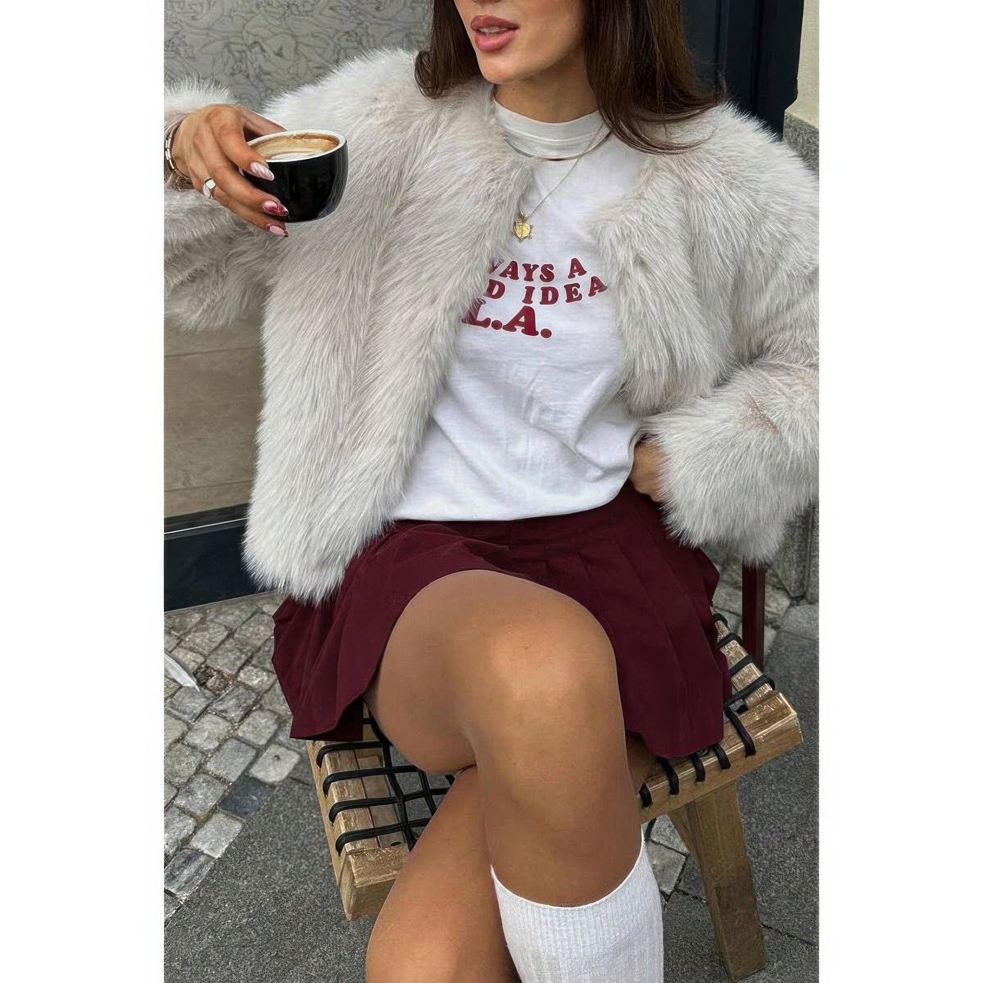 Solid Round Neck Lomh Sleeves Fluffy Jacket