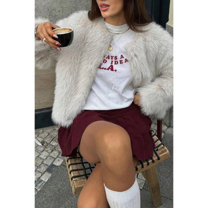 Solid Round Neck Lomh Sleeves Fluffy Jacket