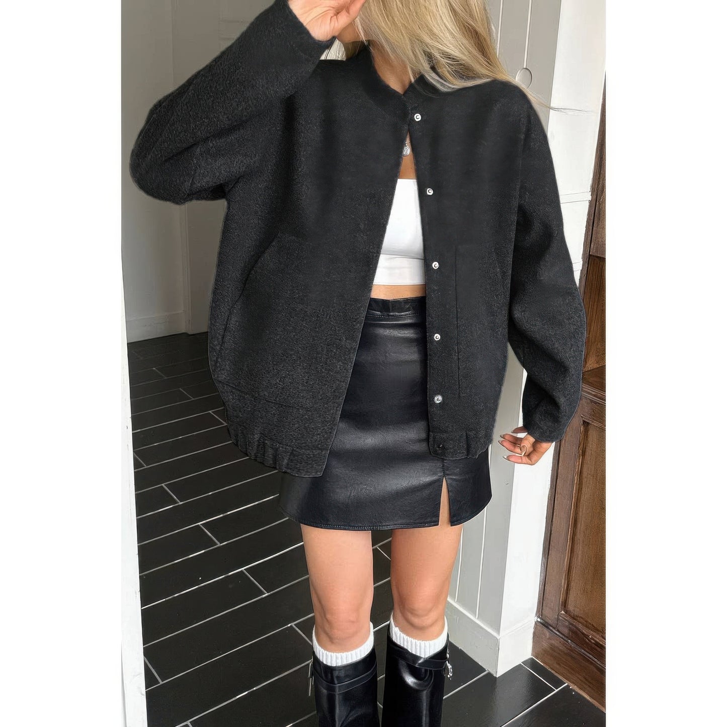 Solid Pockets Brushed Bomber Jacket