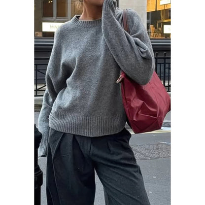 Solid Knit O Neck Long Sleeves Pullover Sweater