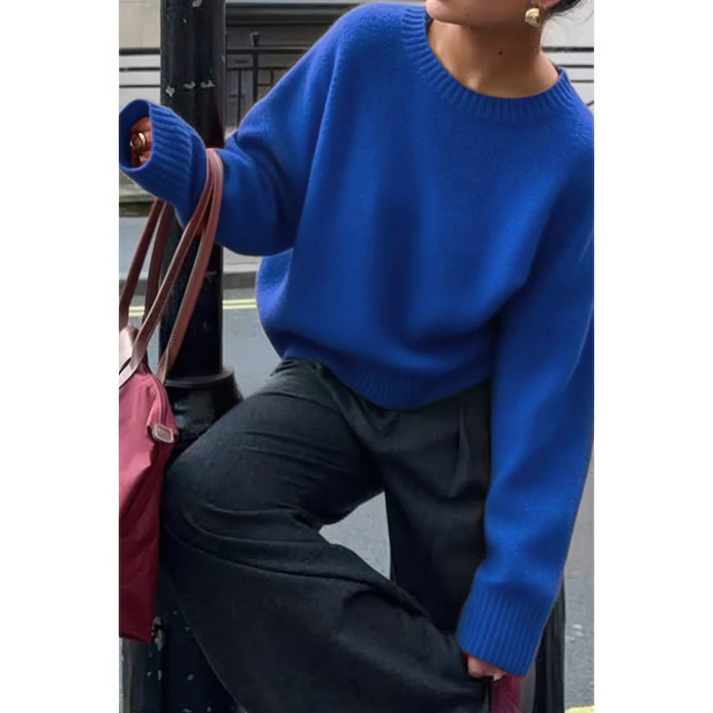 Solid Knit O Neck Long Sleeves Pullover Sweater