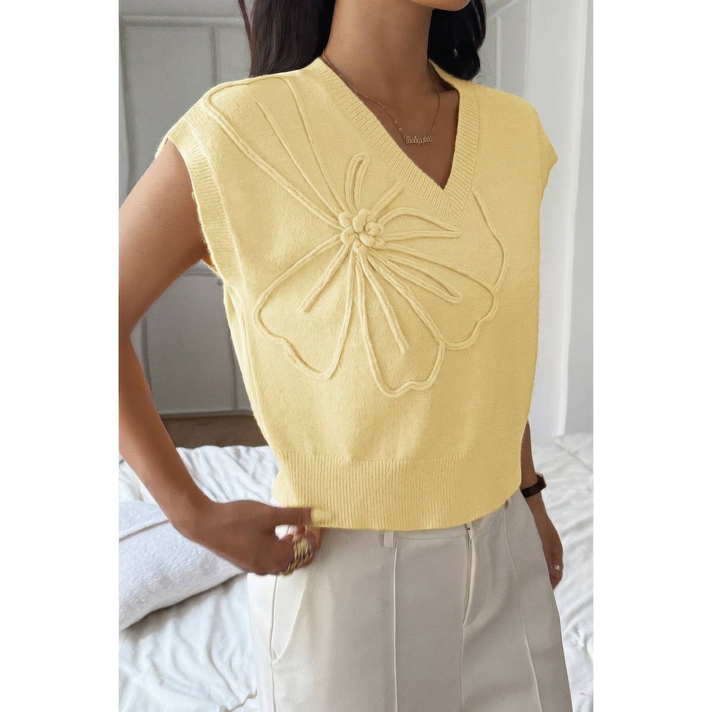 Solid V Neck Sleeveless Knit Loose Vest