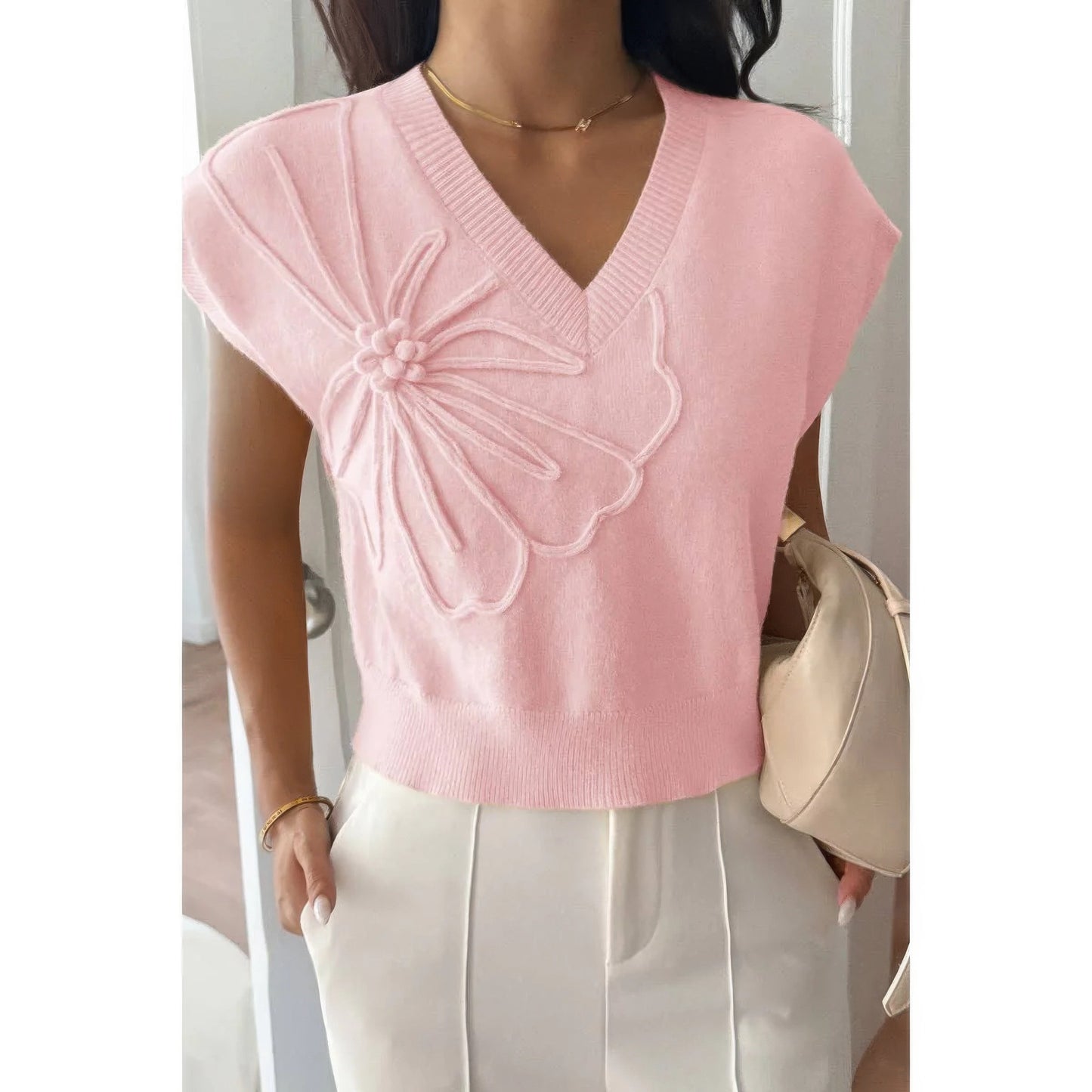 Solid V Neck Sleeveless Knit Loose Vest
