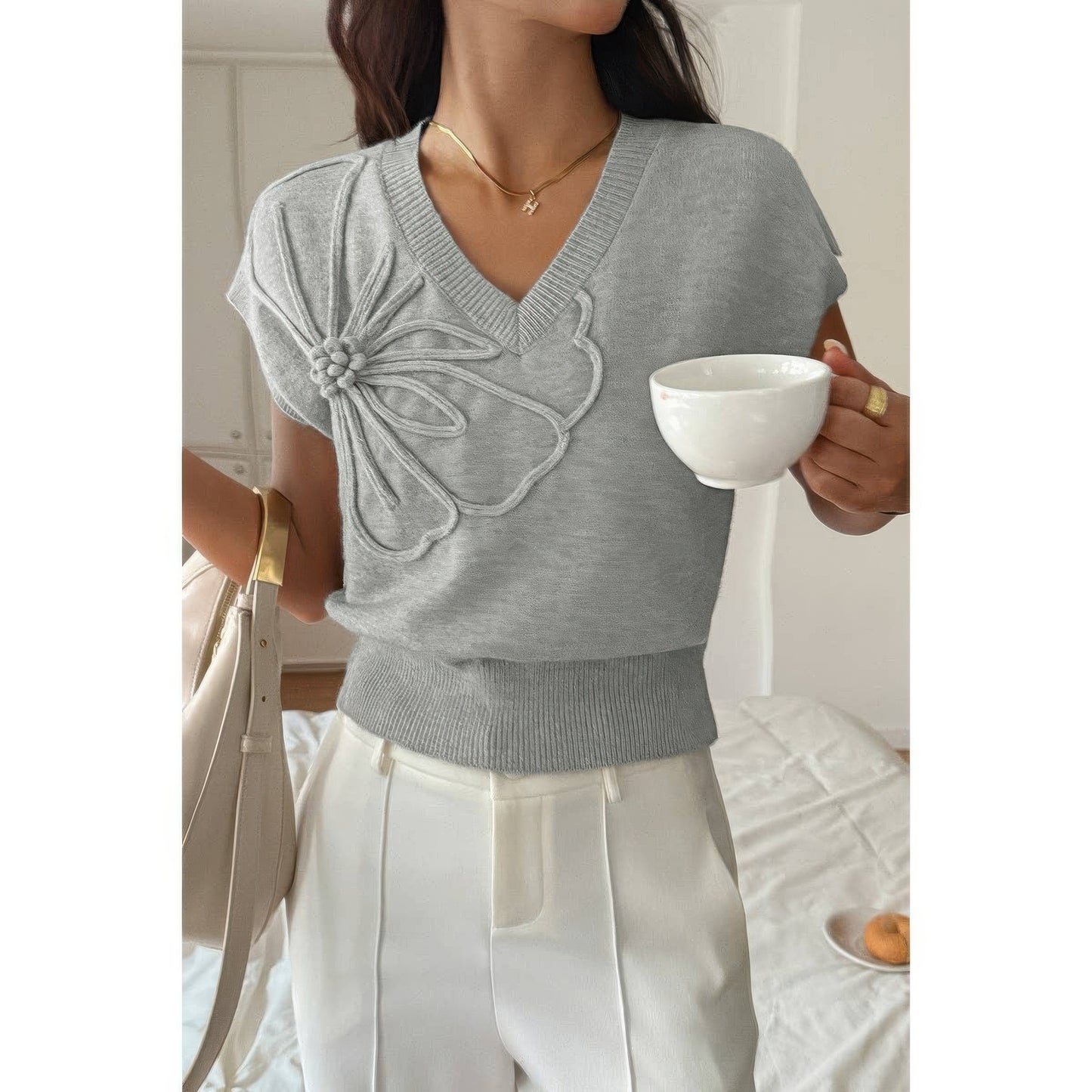 Solid V Neck Sleeveless Knit Loose Vest