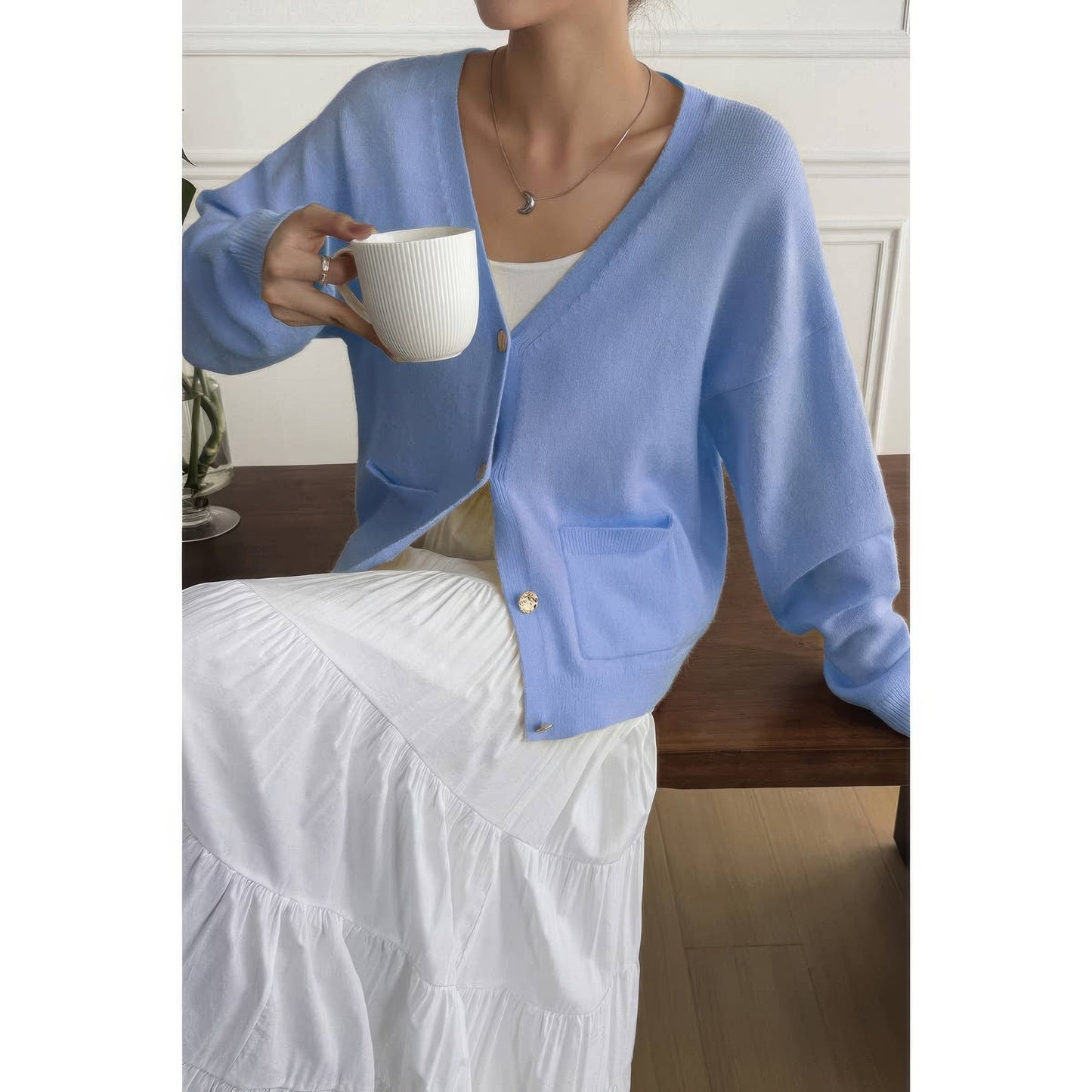Solid Knit Button Down Pocket Loose Sweater