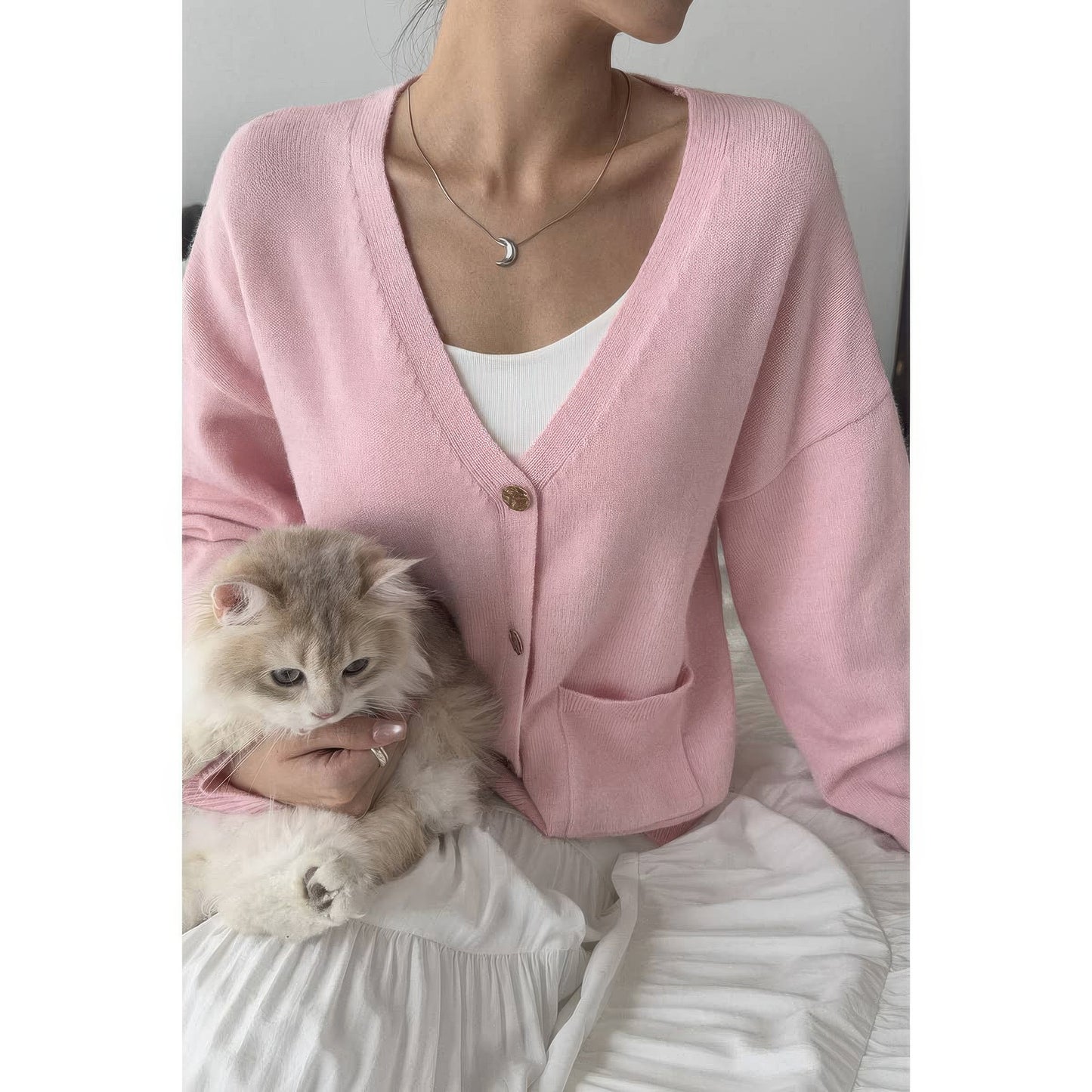 Solid Knit Button Down Pocket Loose Sweater