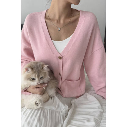 Solid Knit Button Down Pocket Loose Sweater