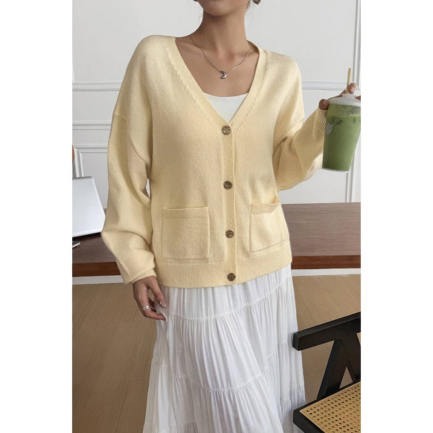 Solid Knit Button Down Pocket Loose Sweater