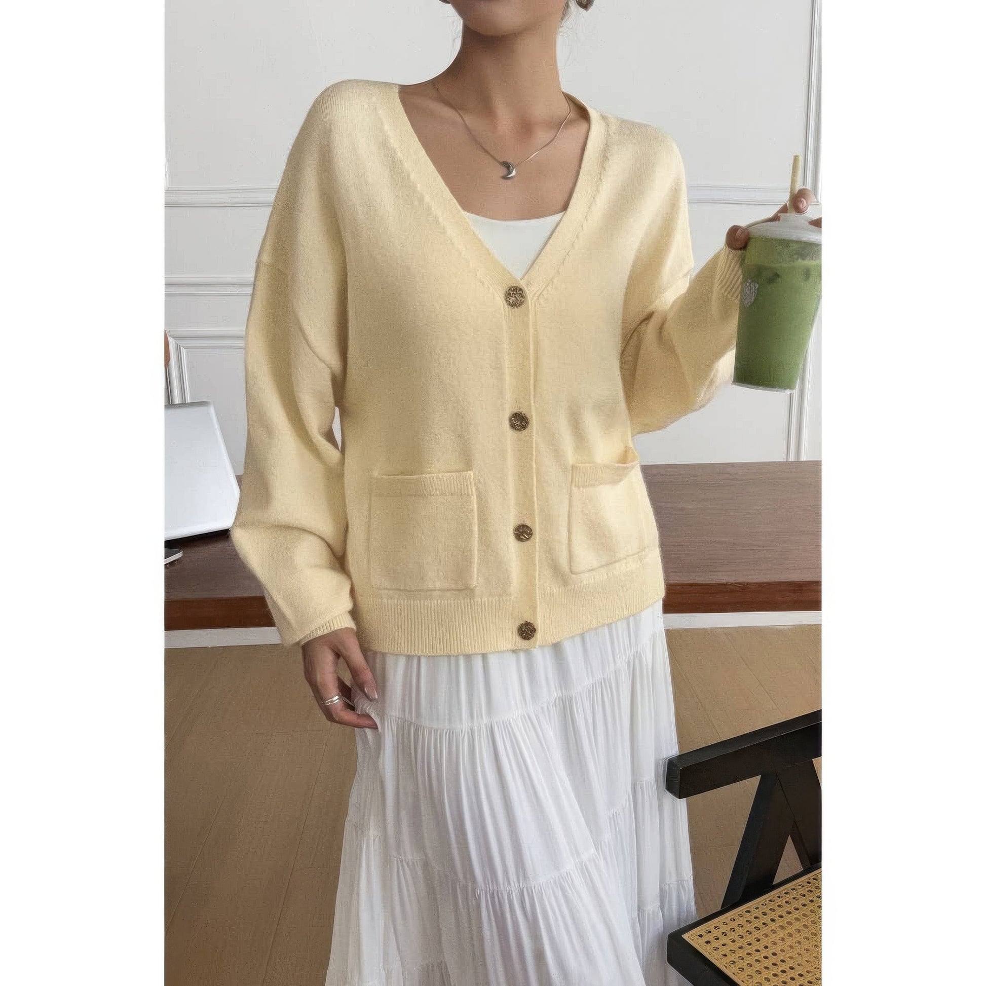 Solid Knit Button Down Pocket Loose Sweater
