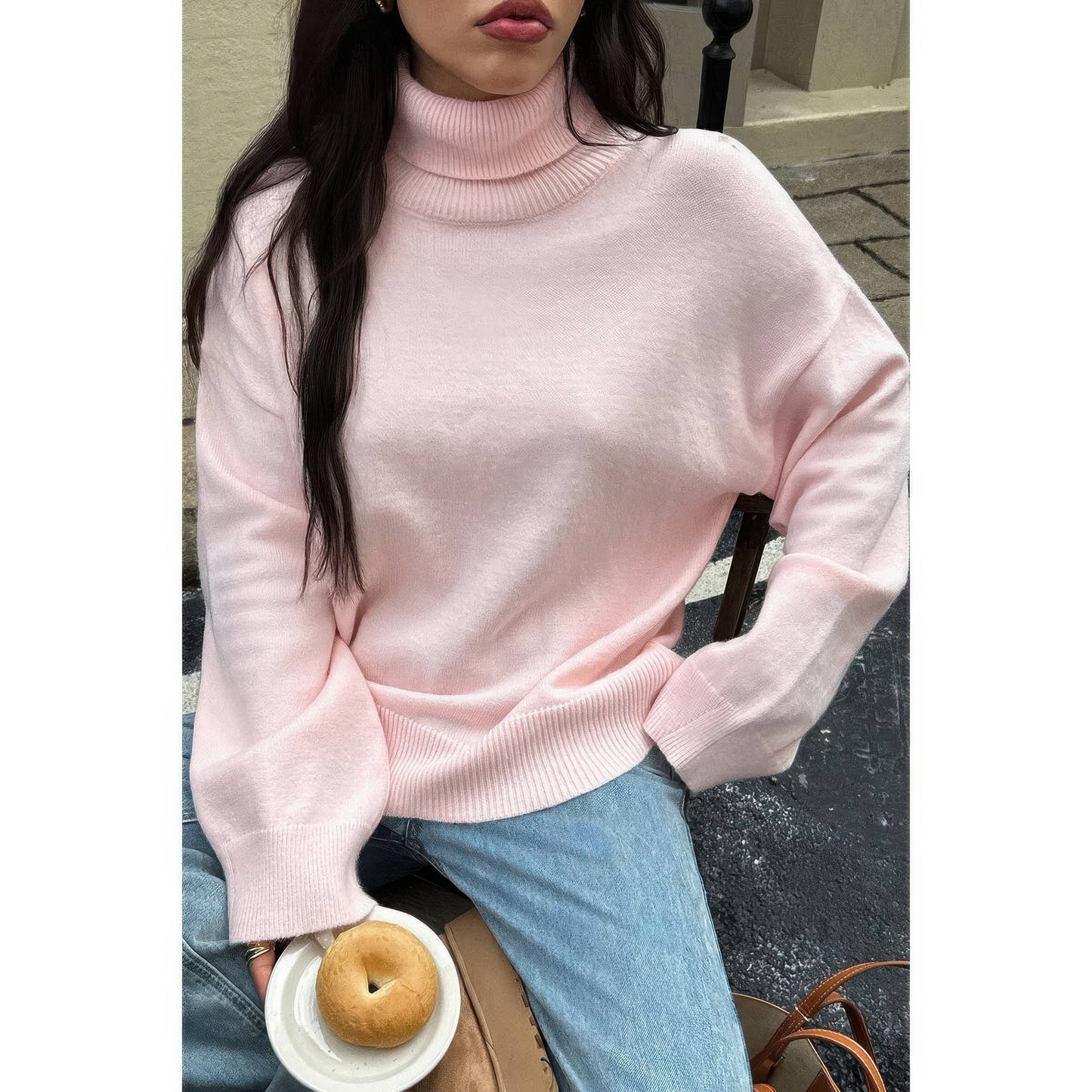 Solid Knit High Neck Drop Shoulder Sweater