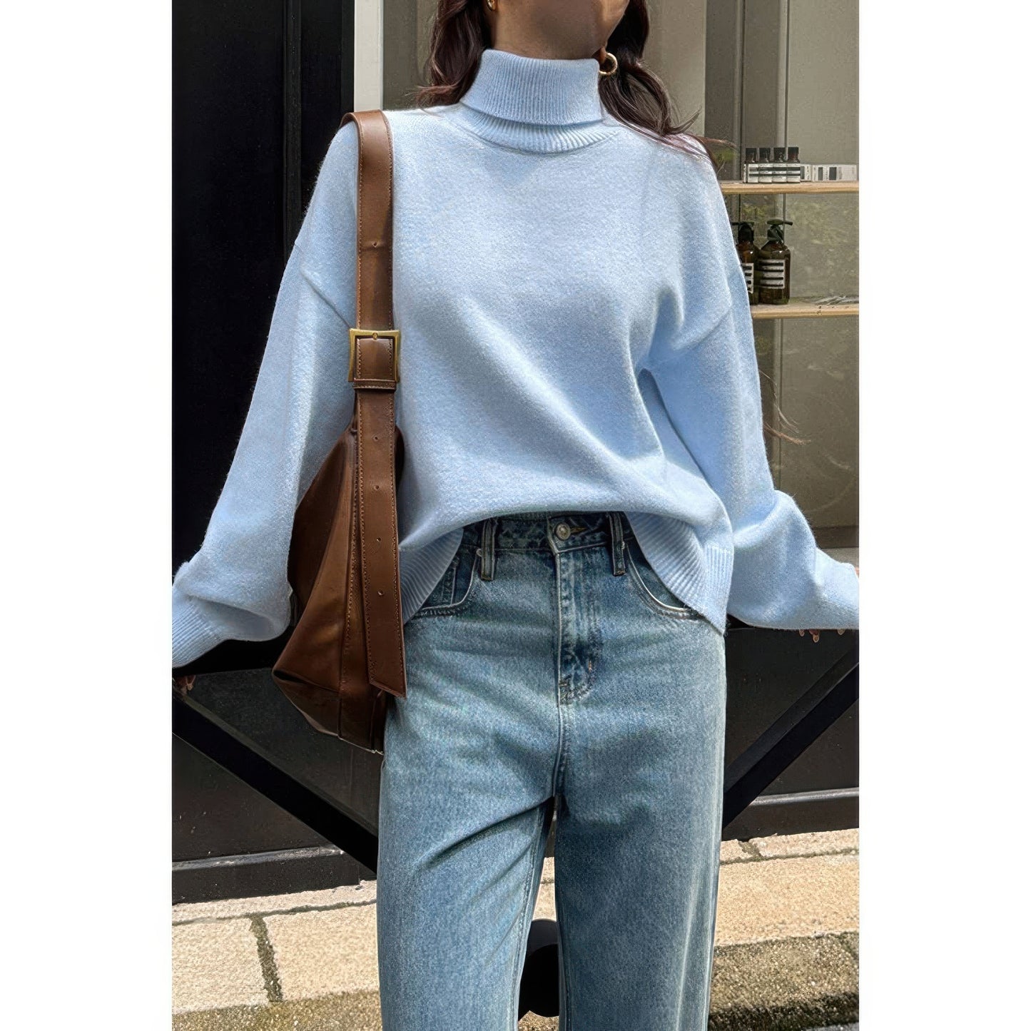 Solid Knit High Neck Drop Shoulder Sweater