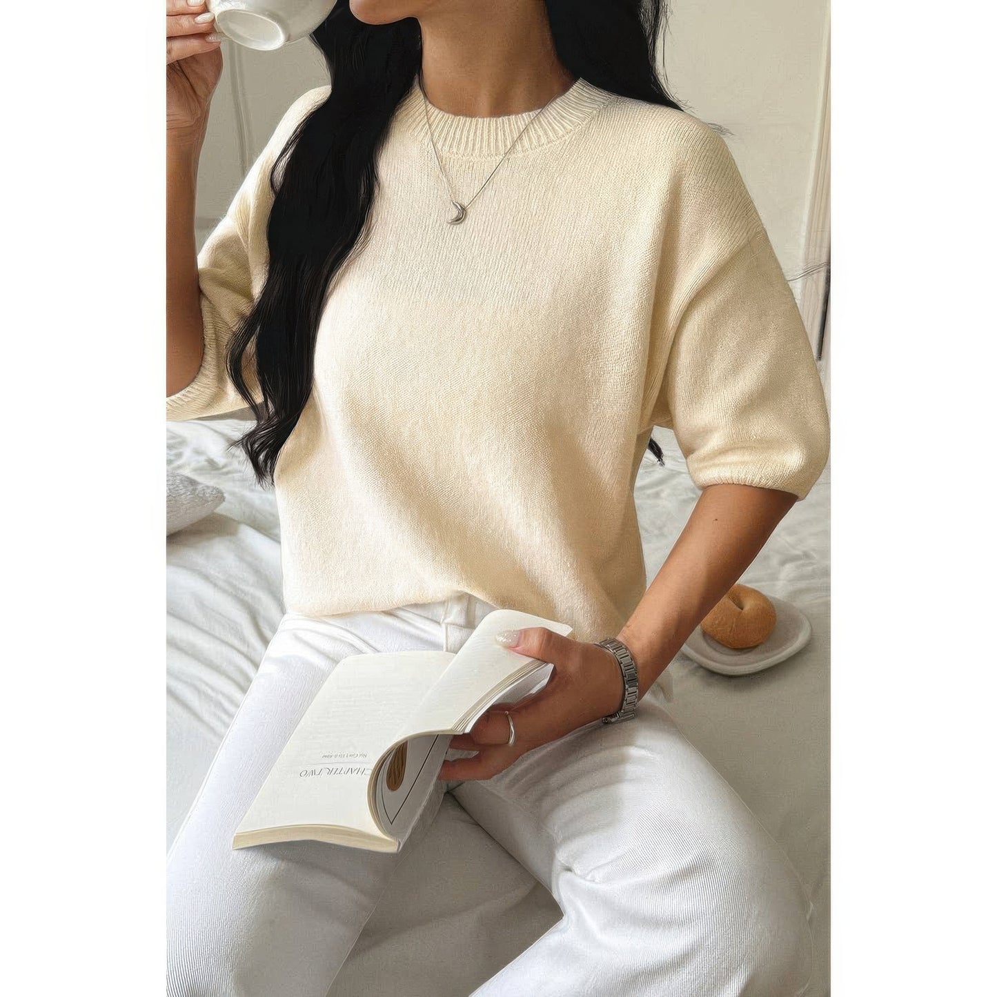 Round Neck Knit Drop Shoulder Loose Sweater