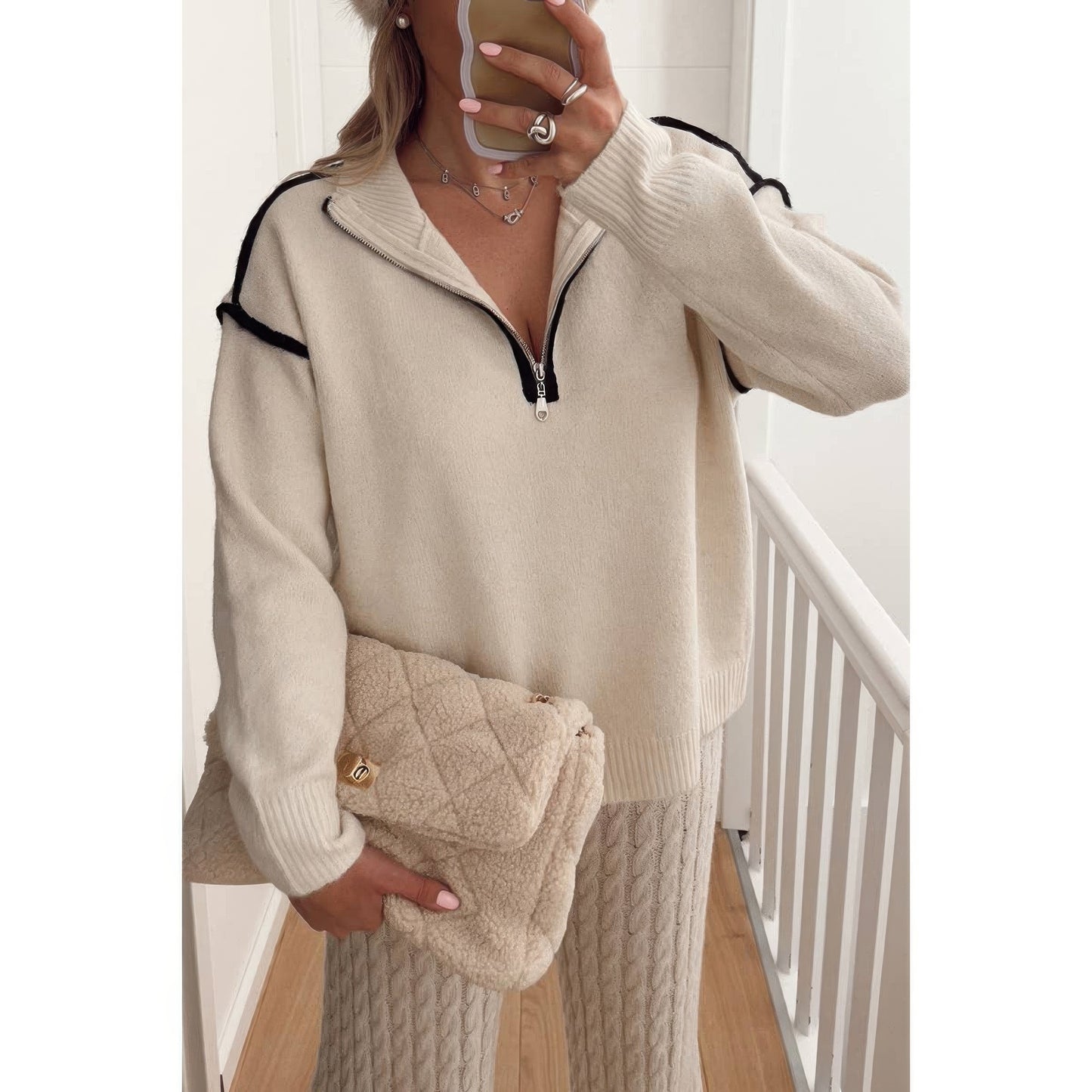 Zip Up V Neck Lapel Collar Loose Sweatshirt