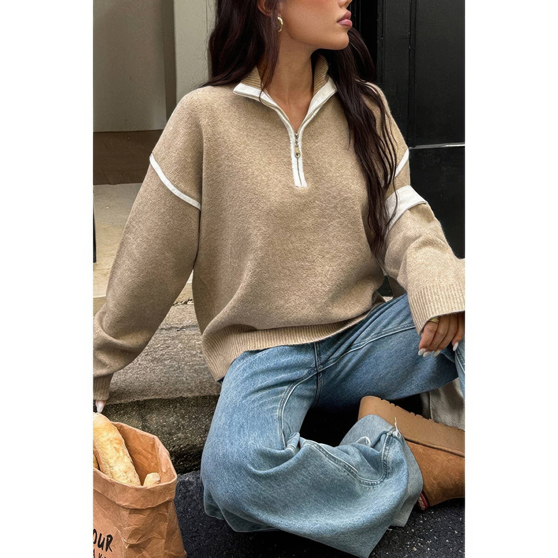 Zip Up V Neck Lapel Collar Loose Sweatshirt