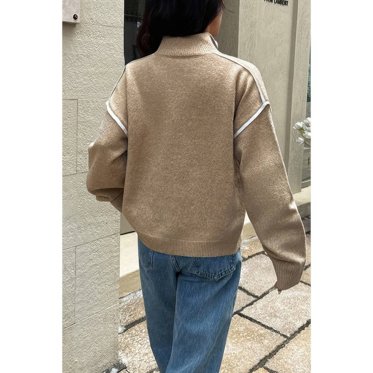 Zip Up V Neck Lapel Collar Loose Sweatshirt