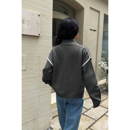 Zip Up V Neck Lapel Collar Loose Sweatshirt