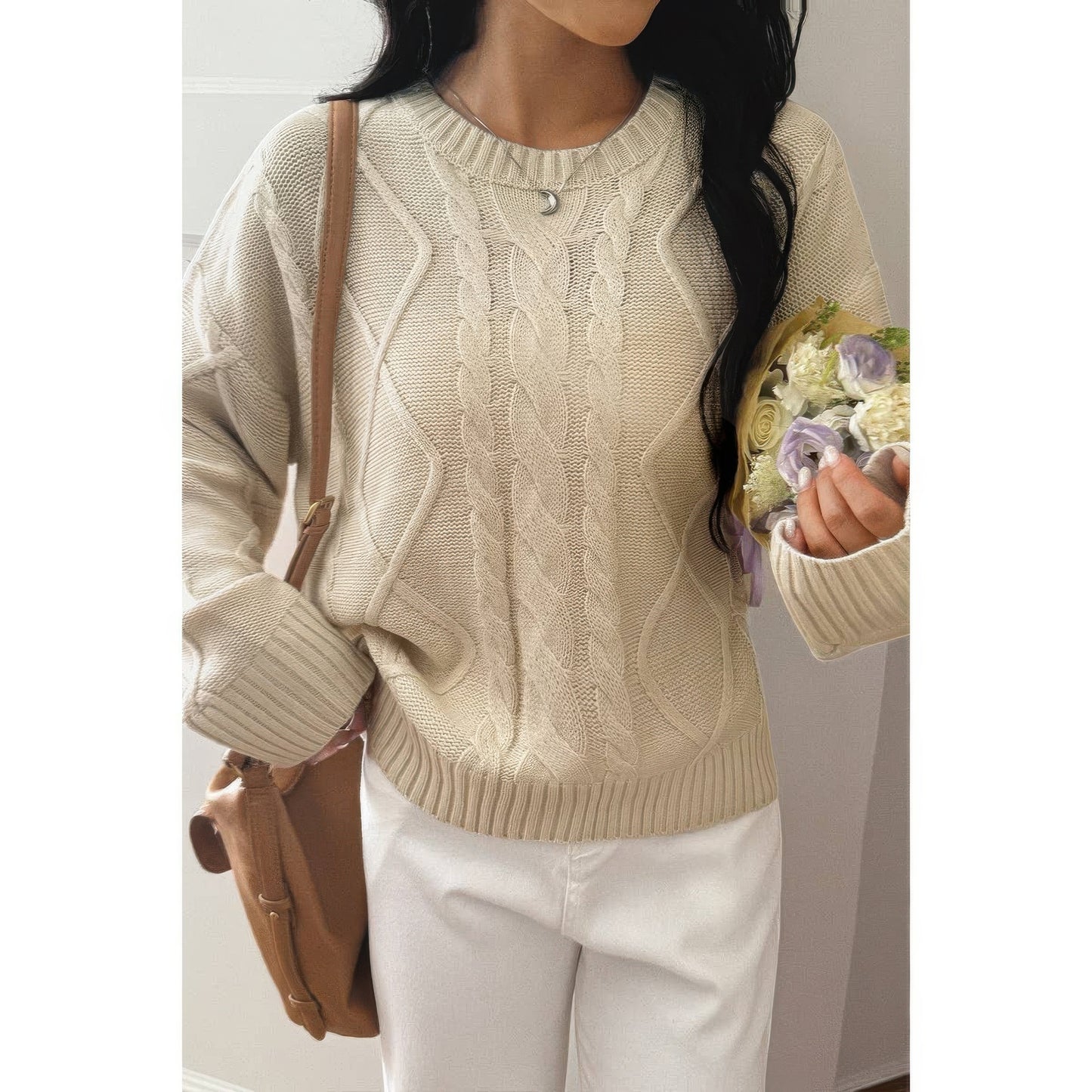 Solid Knit Crewneck Long Sleeve Loose Sweater