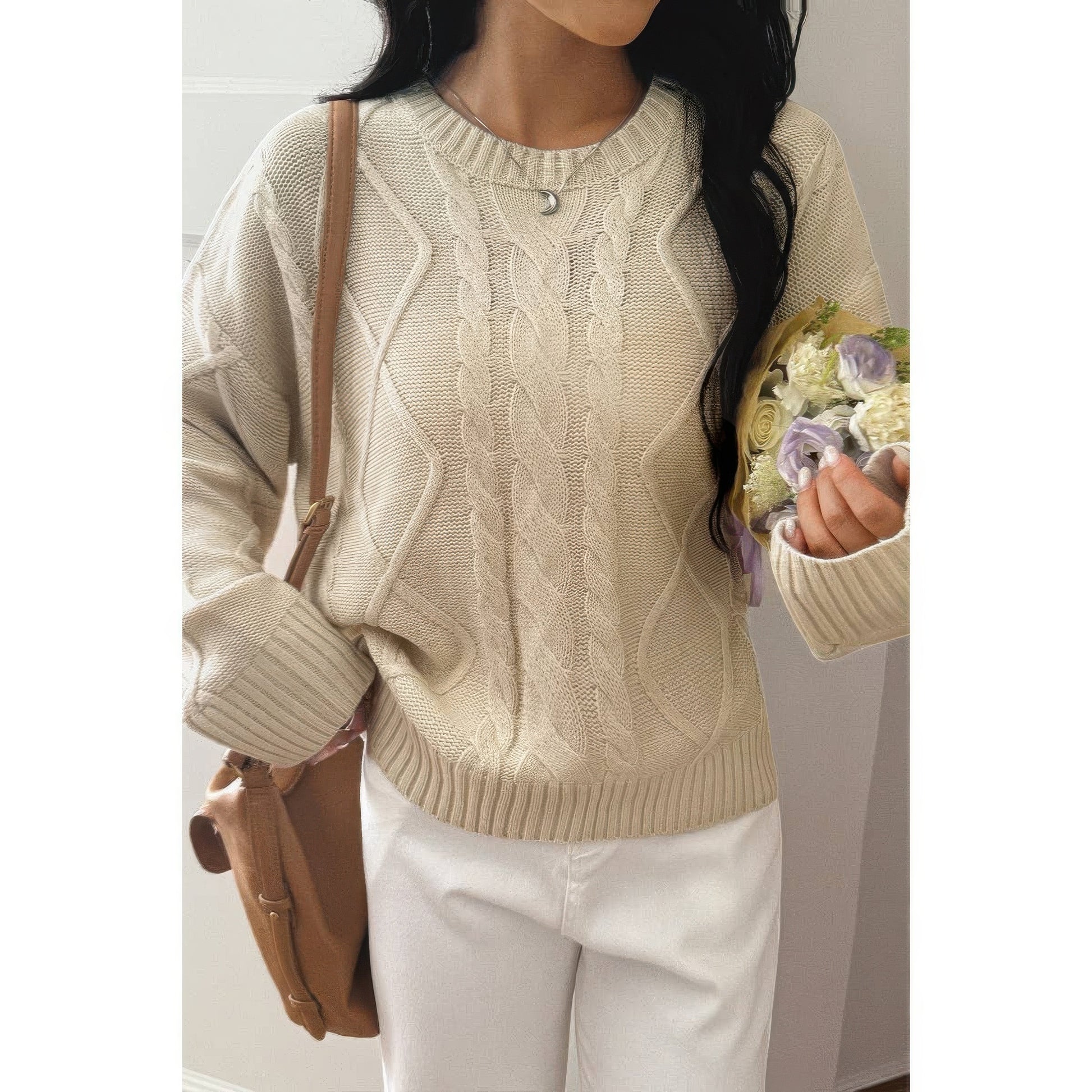 Solid Knit Crewneck Long Sleeve Loose Sweater