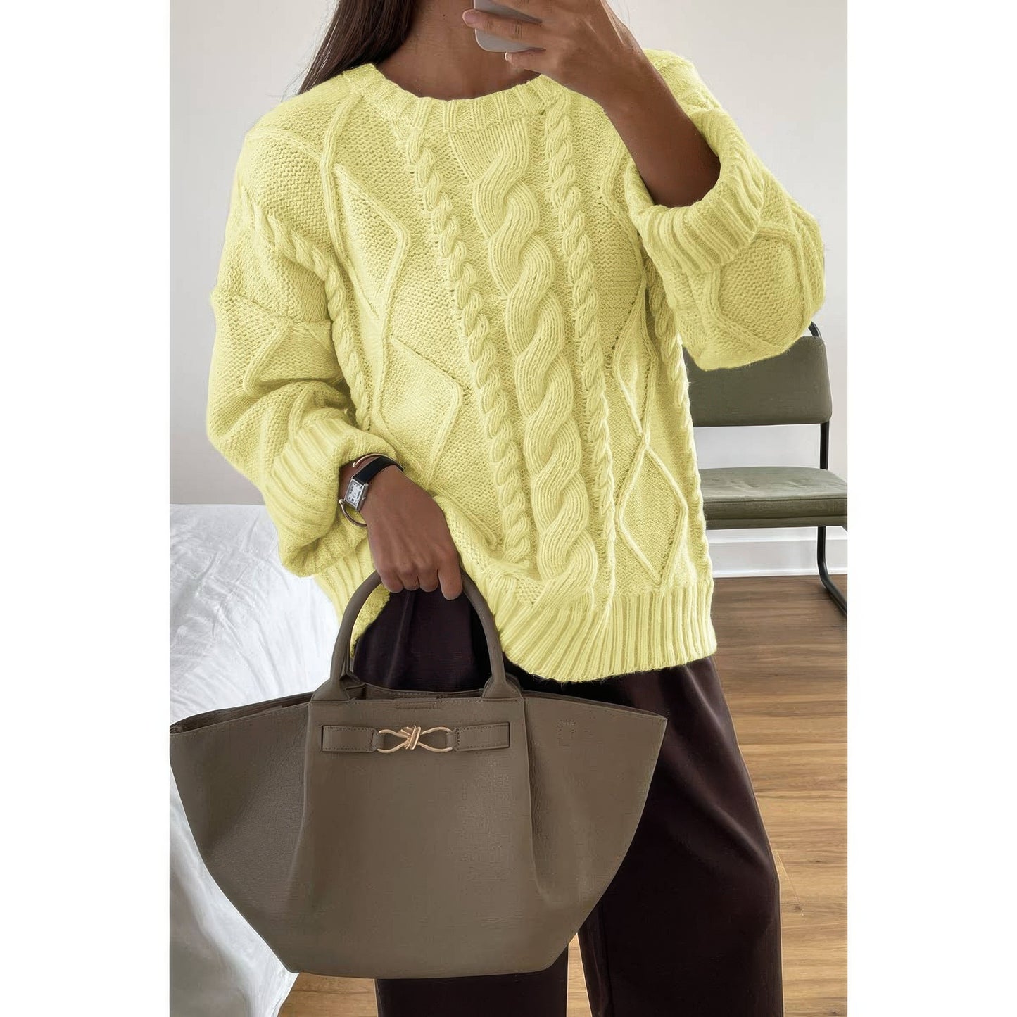 Solid Knit Crewneck Long Sleeve Loose Sweater