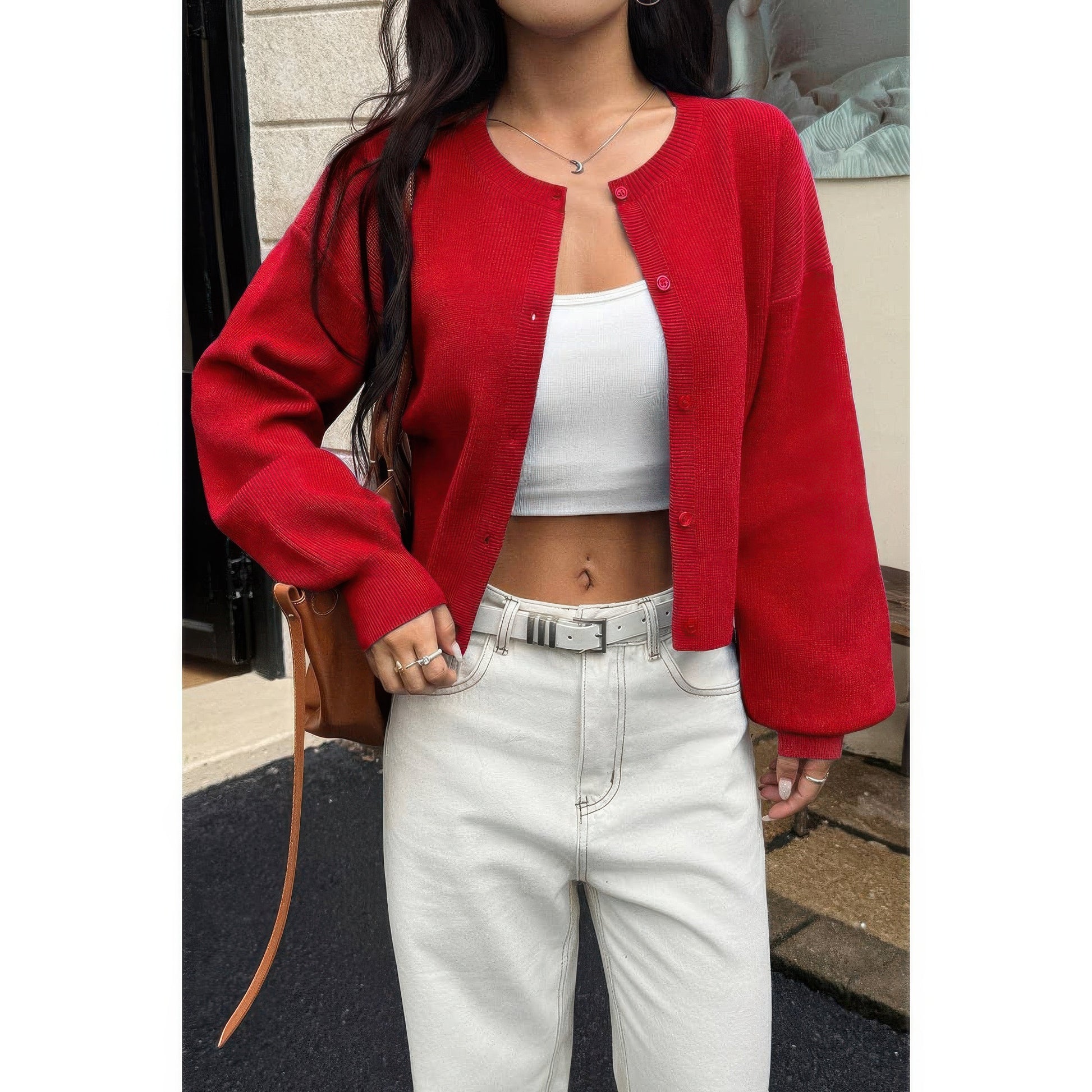 Knit Solid Round Neck Button Down Cardigan