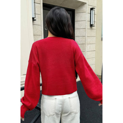 Knit Solid Round Neck Button Down Cardigan